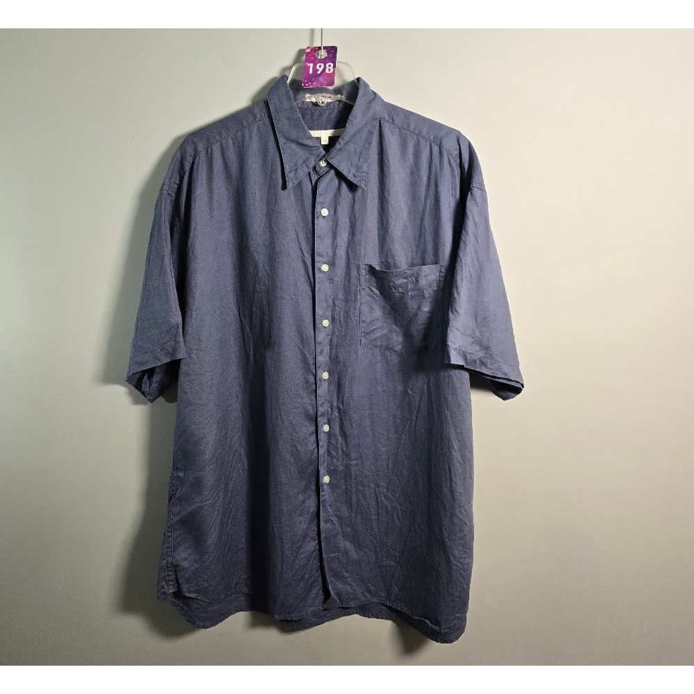 Perry Ellis Mens Shirt Blue 100% Linen Short Sleeve Button Up Casual Size XL